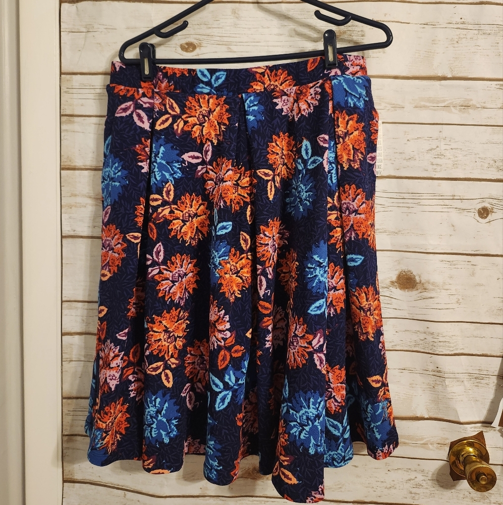 LuLaRoe Blue and Orange Skater Skirt Knee-Length Pleated